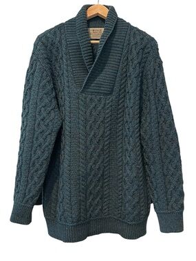 Aran Sweater Market | Wool Cable Knit Cardigan Sweater Blue/Green XL